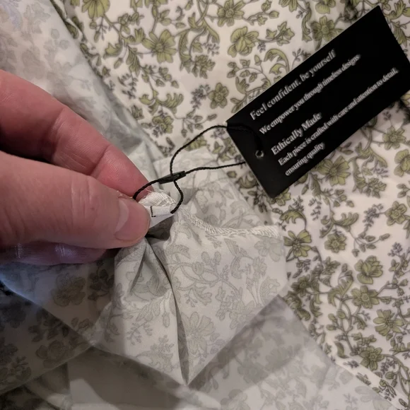 Green Floral Patterned Mini V Neck Puff Sleeve Babydoll Dress L - Picture 14 of 15